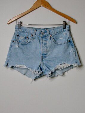 Levi's Cut Off Denim Jean Shorts Red Tab Light Blue Wash Distressed Raw Hem 26